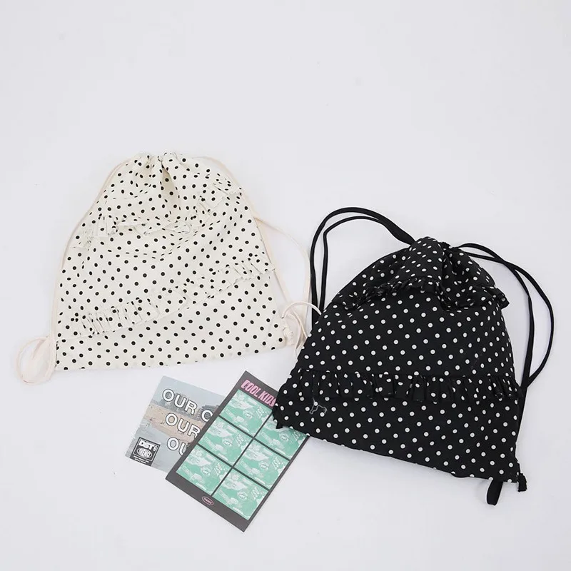 New Polka Dot Print Spliced Ruffled Drawstring Backpack Large Capacity Simple Casual Drawstring Bag