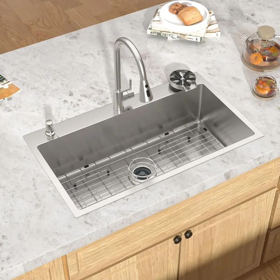 33x19 Drop in Kitchen Sink - 33 Inch 16 Gauge Stainless Steel Topmount Kitchen Sink Single Bowl Deep Over Counter Rectangular S