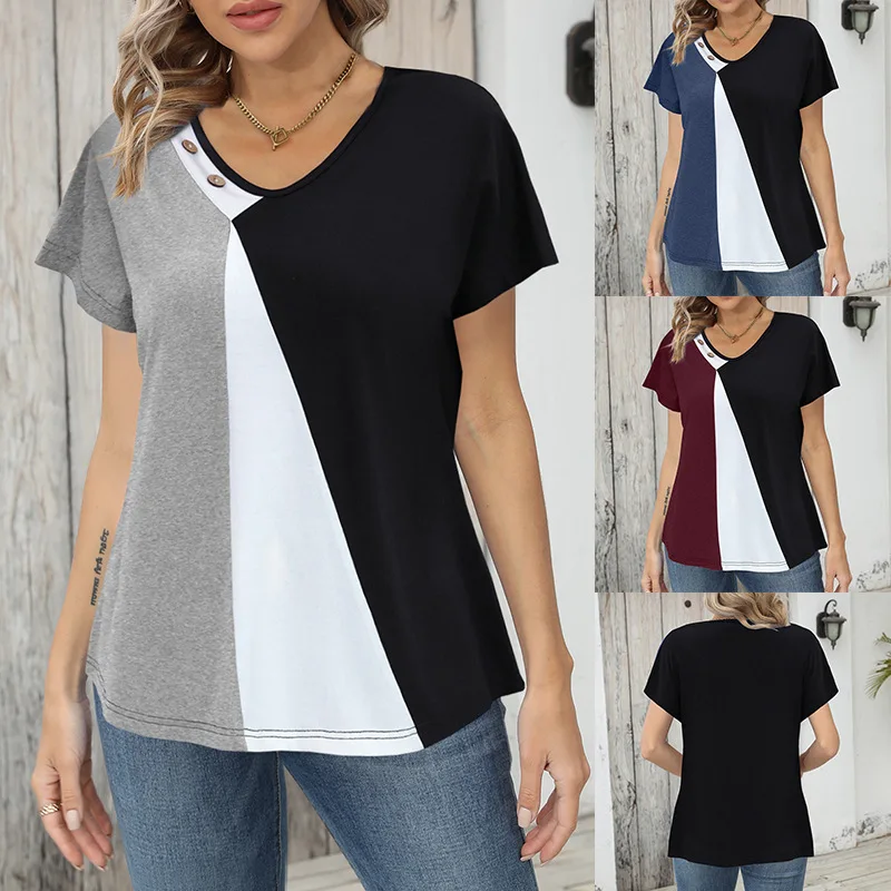 Printed Color Block T-Shirts Women Short Sleeve Casual V-Neck Button Top Elegant Lady Fashion Streetwear Spring Summer Tee Shirt