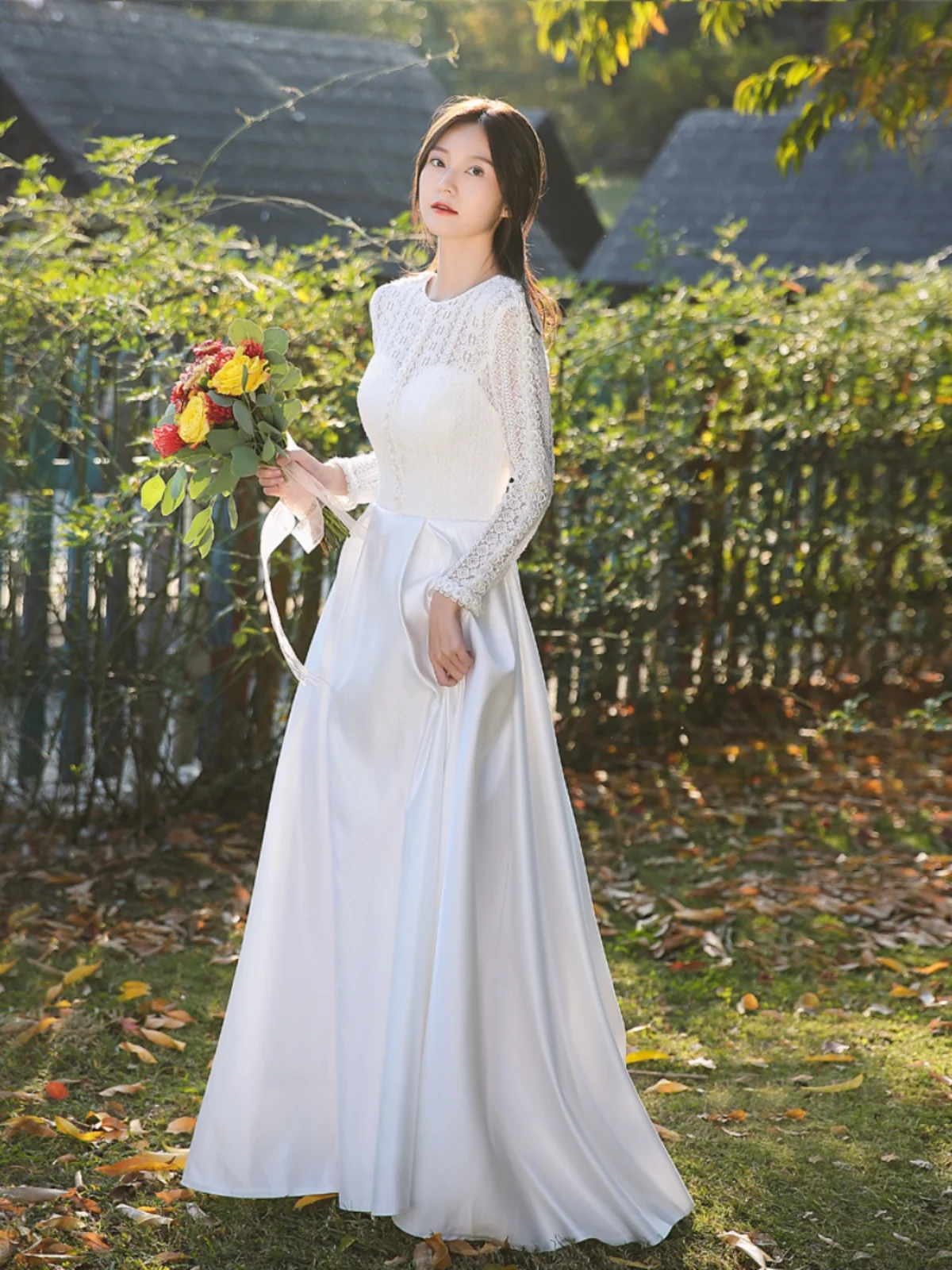 

Baiseoxian Original 2025 New Travel Photoaphy Light Lace Long Sve Satin High End Bride oming Ceremony Autumn Wedding ...