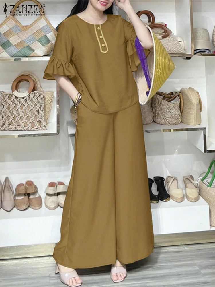 

2025 ZANZEA Summer Wide Leg Trousers Suit Fashion Casual Half Sleeve Blouse Pant Sets Women Two Pieces Sets 2PCS Holiday Outfits