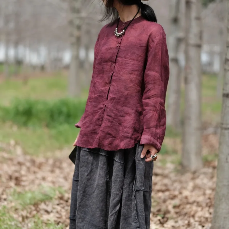 Linen O-Neck Vintage Long Sleeve Women Shirt Retro Loose 2026 Spring and Summer Thin Woman New Distress Single Breasted Shirt