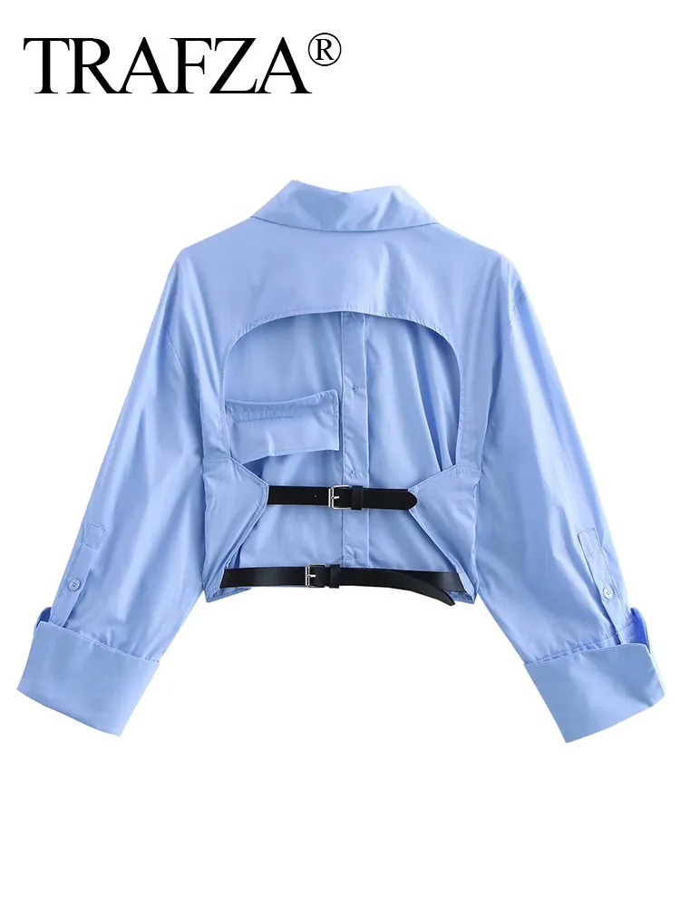 TRAFZA Female Spring Elegant Pocket Turn Down Collar Long Sleeve Back Hollow Belt Button Shirt Female High Street Shirt Mujer