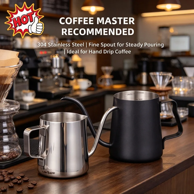 350ML Stainless Steel Gooseneck Drip Coffee Pot, Brewer with Lid & Hanging Handle