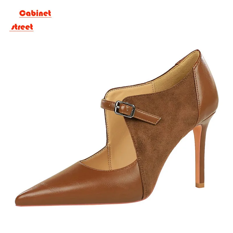

Vintage Style High Ladies Shoes Fine Heel Suede Pointed Splicing Hollow Deep Cut Single Womens Sexy High Heels for Pumps