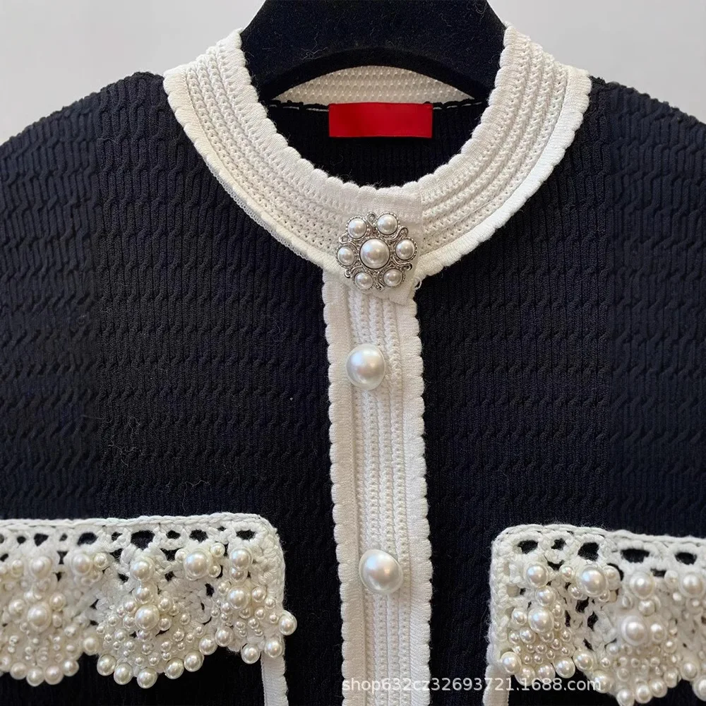 Luxury Pearls Beaded Knitted Cardigan Spring Hooked Flowers Crocheted Sweater Coat Jacket Knitwear Jumpers Contrast Color Tops