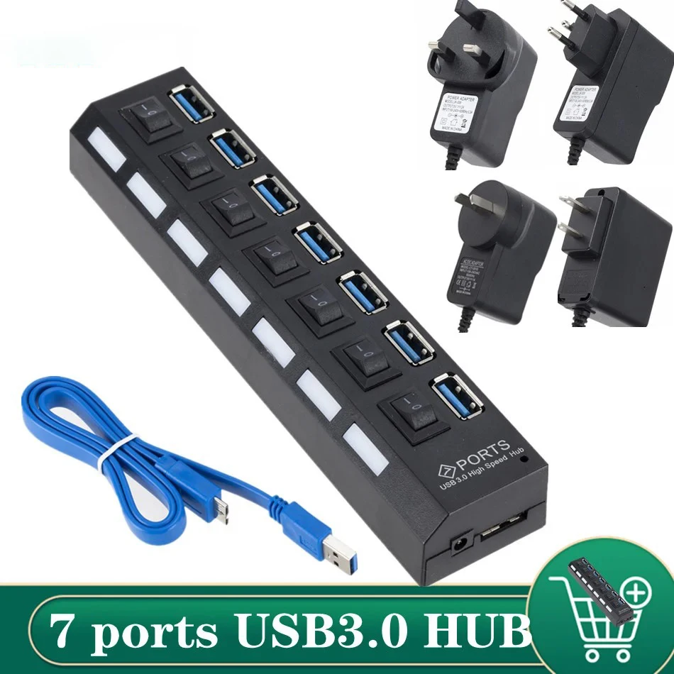 

USB 3.0 Hub USB Hub 3.0 Multi USB Splitter 3 Hab Use Power Adapter 7 Port Multiple Expander 2.0 USB3 Hub with Switch for PC