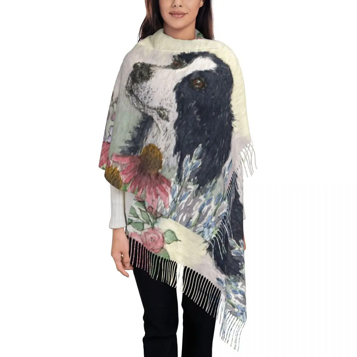 Ladies Long Cute Border Collie Dog Flower Scarves Women Winter Soft Warm Tassel Shawl Wraps Animal Pet Scarf