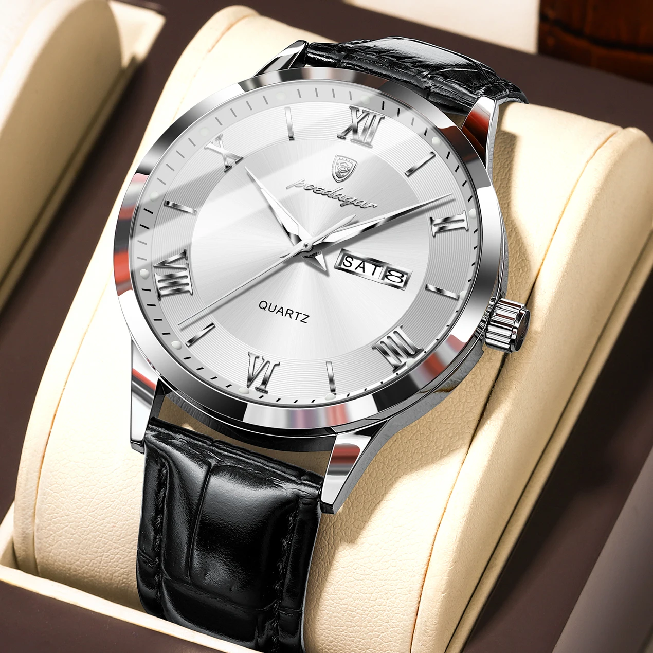 POEDAGAR Business Fashion Men's Watch Date Week Waterproof Luminous Leather Man Watch High Quality Casual Quartz Watches For Men