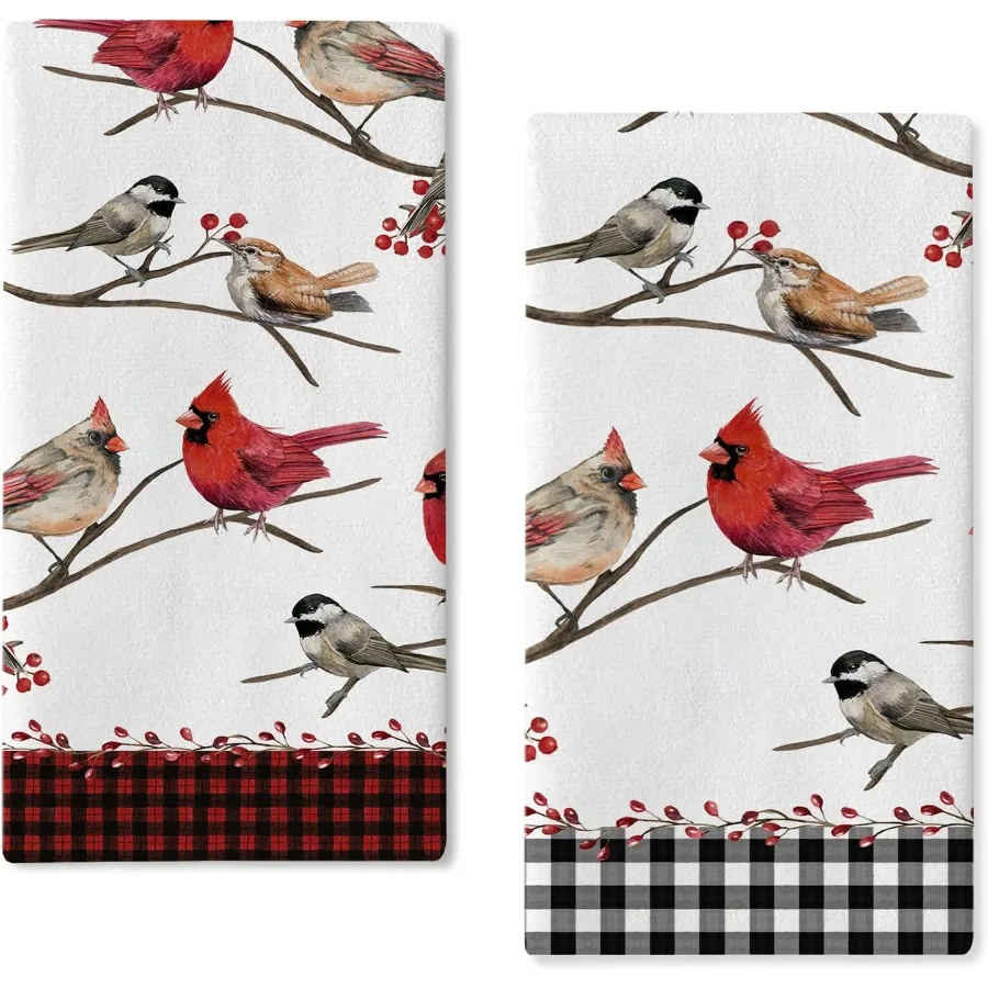 

Набор кухонных полотенец Bird Tree Brah из 2 кухонных полотенец Cardil Chickadee Berry Red Black Buffalo Plaid Чайная ткань для сушки рук Fa