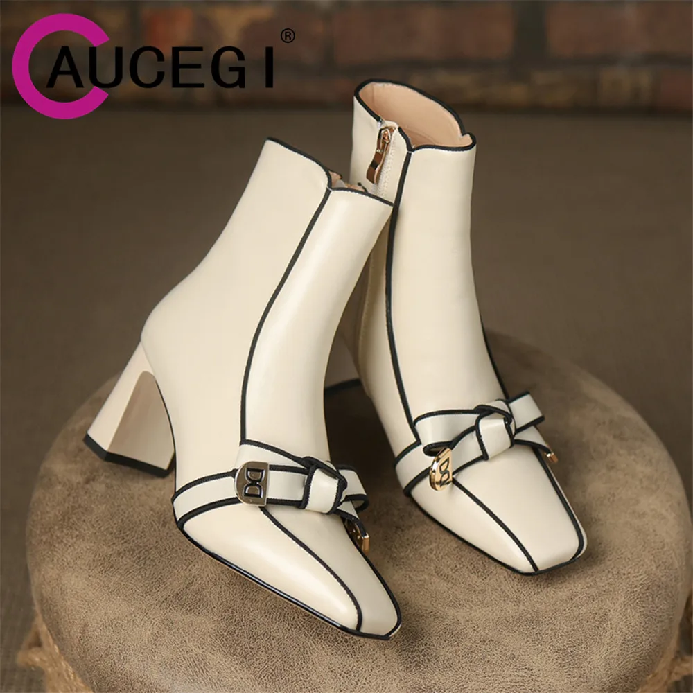 Aucegi New Autumn Bowknot Genuine Leather Ankle Boots Fashion Women Square Toe Casual Thick High Heels Vintage Bowknot Shoes