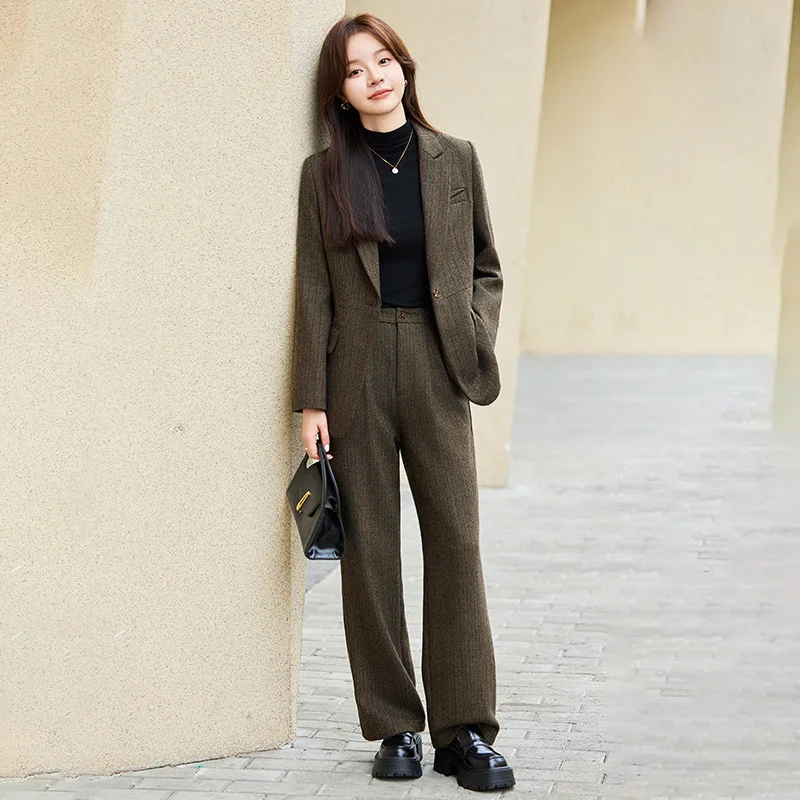 2024 Spring and Autumn New Fashion Wool Blends Blazer Coat Trousers Two Piece Women\'s Elegant Casual Suit Jacket Pants Set