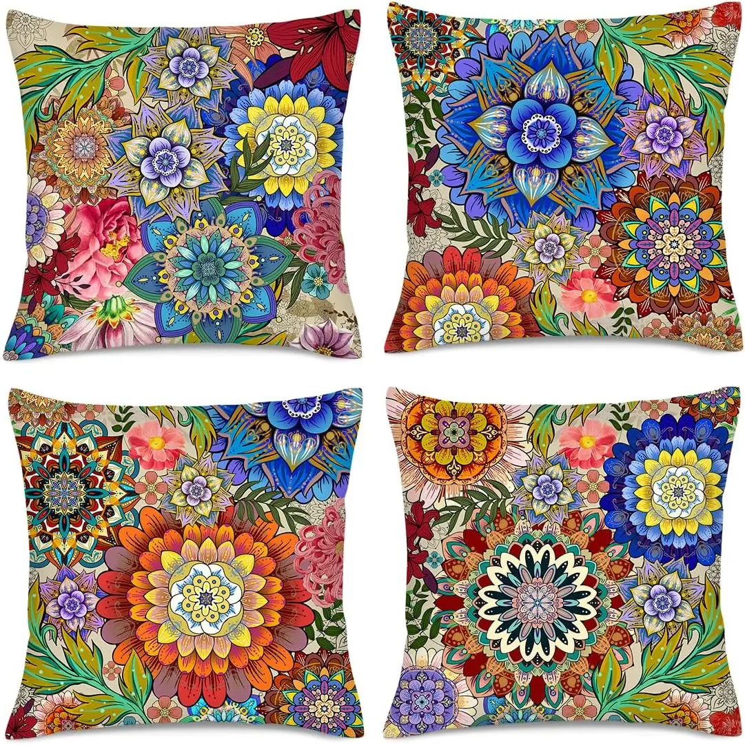 Vibrant Floral Print Throw Pillow Cover Set for Sofa Couch Decorative Cushion Polyester Home Decor Accessories Printed Design Be