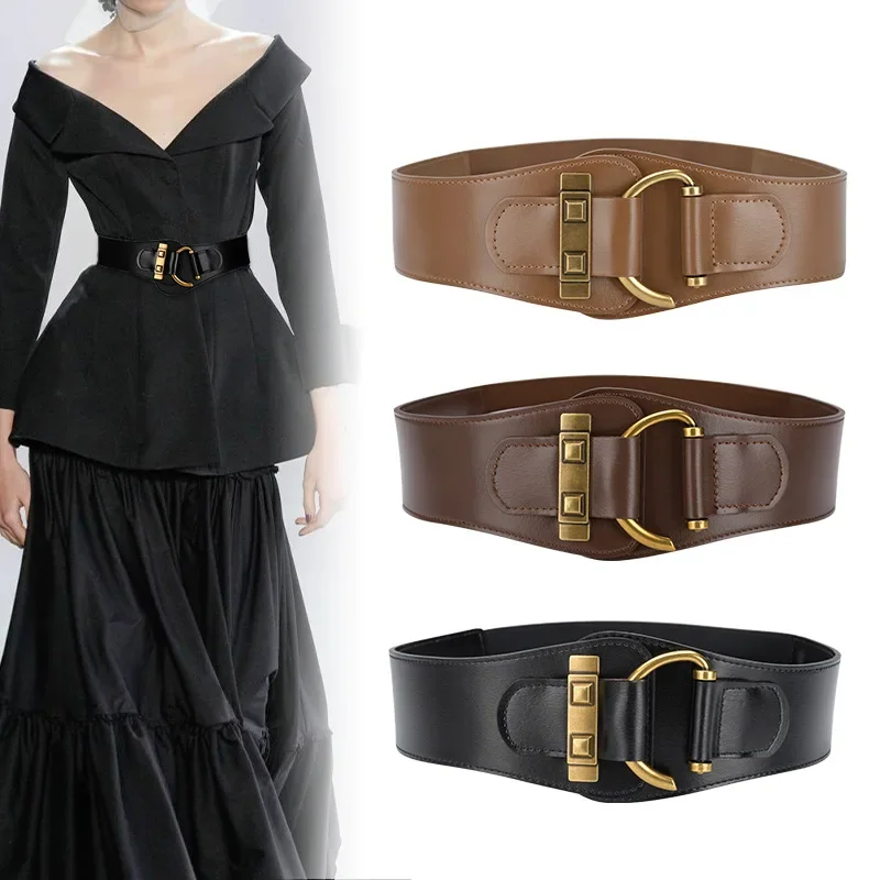 Women's Runway Fashion Genuine Leather Elastic Cummerbunds Female Dress Corsets Waistband Belts Decoration Wide Belt R1377