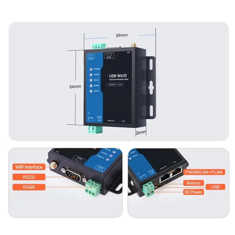 AT82-USR-W610(RS485 RS232 Serial Port) To Wifi Converter Industrial Wireless Client Modbus Gateway MQTT Protocol Qualcomm EU EU