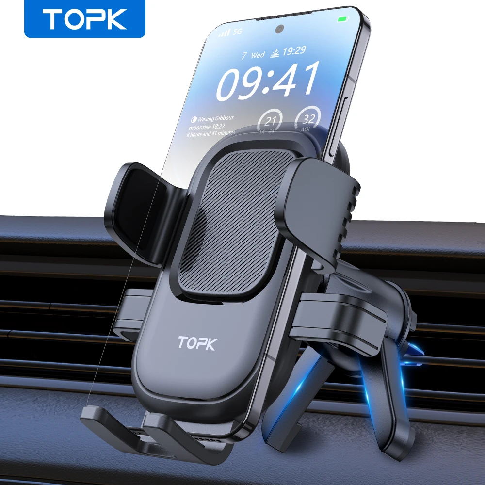 TOPK Autotelefonhalter, verbessertes Hakendesign mit Stützfuß, Lüftungsschlitzhalterung, stabile Passform für iPhones und Androids (4"-7")