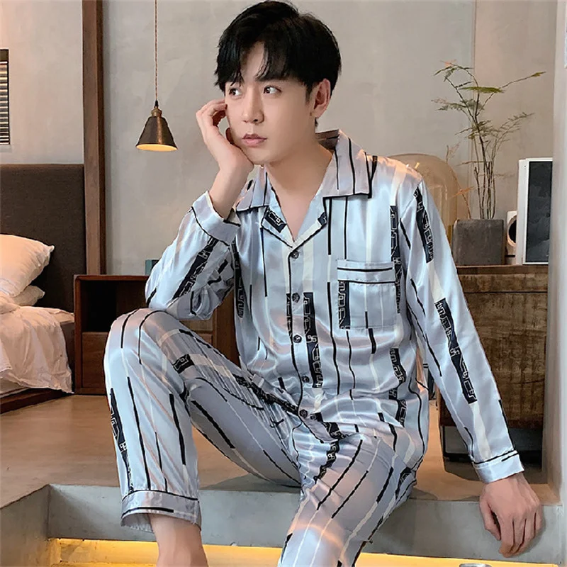 

Spring Summer Men's Thin Ice Silk Pajamas Long Sleeve Cardigan Pants Oversized Casual Home Clothing Set Jacquard Sleepwear