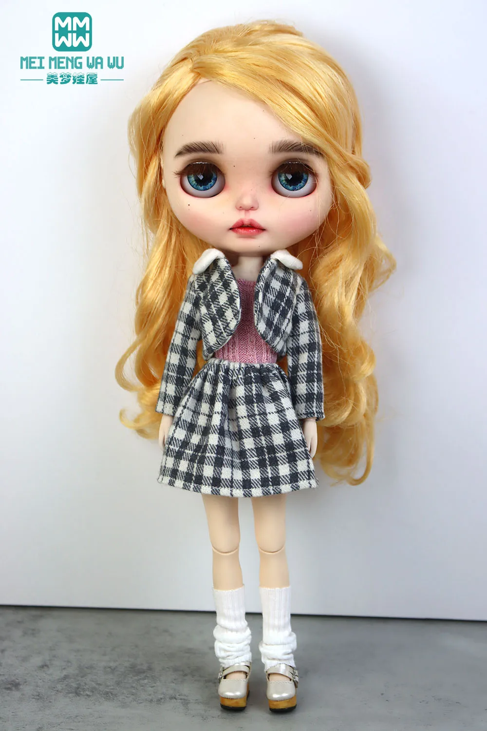 Blyth Doll Clothes Fashion checked fur collar jacket suit for Azone OBitsu FR Toys gift