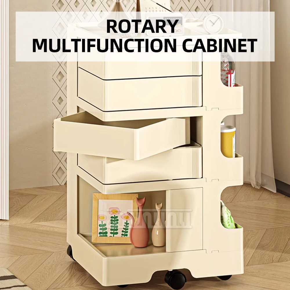 

Rotating Multi-function Cabinet Bedroom Cart Storage Rack Wheeled Movable Layered Snack Cosmetic Storage Cabinet