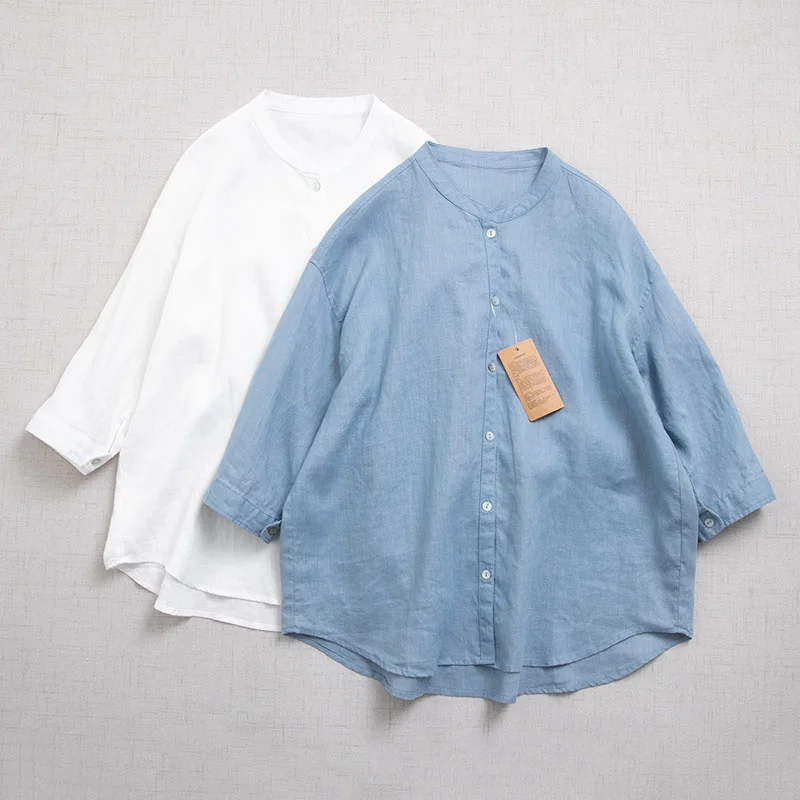 Pure linen shirt stand collar 7/3 sleeve white shirt loose large sunscreen shirt cotton linen women's spring and summer 23016