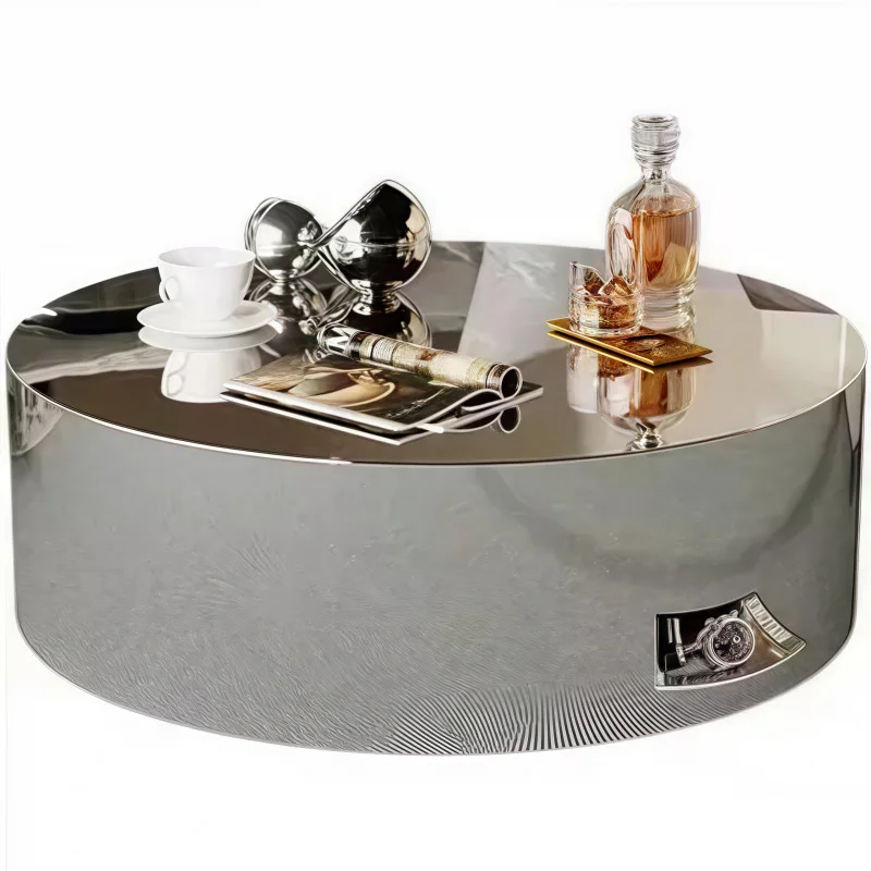 

Round silver mirror coffee table modern light luxury simple stainless steel