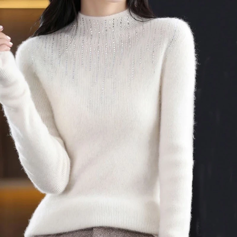 Lucyever Luxury Shiny Crystal Turtleneck Sweaters Women Fashion Slim Rhinestones Knitted Jumper Ladies Solid Soft Warm Pullover