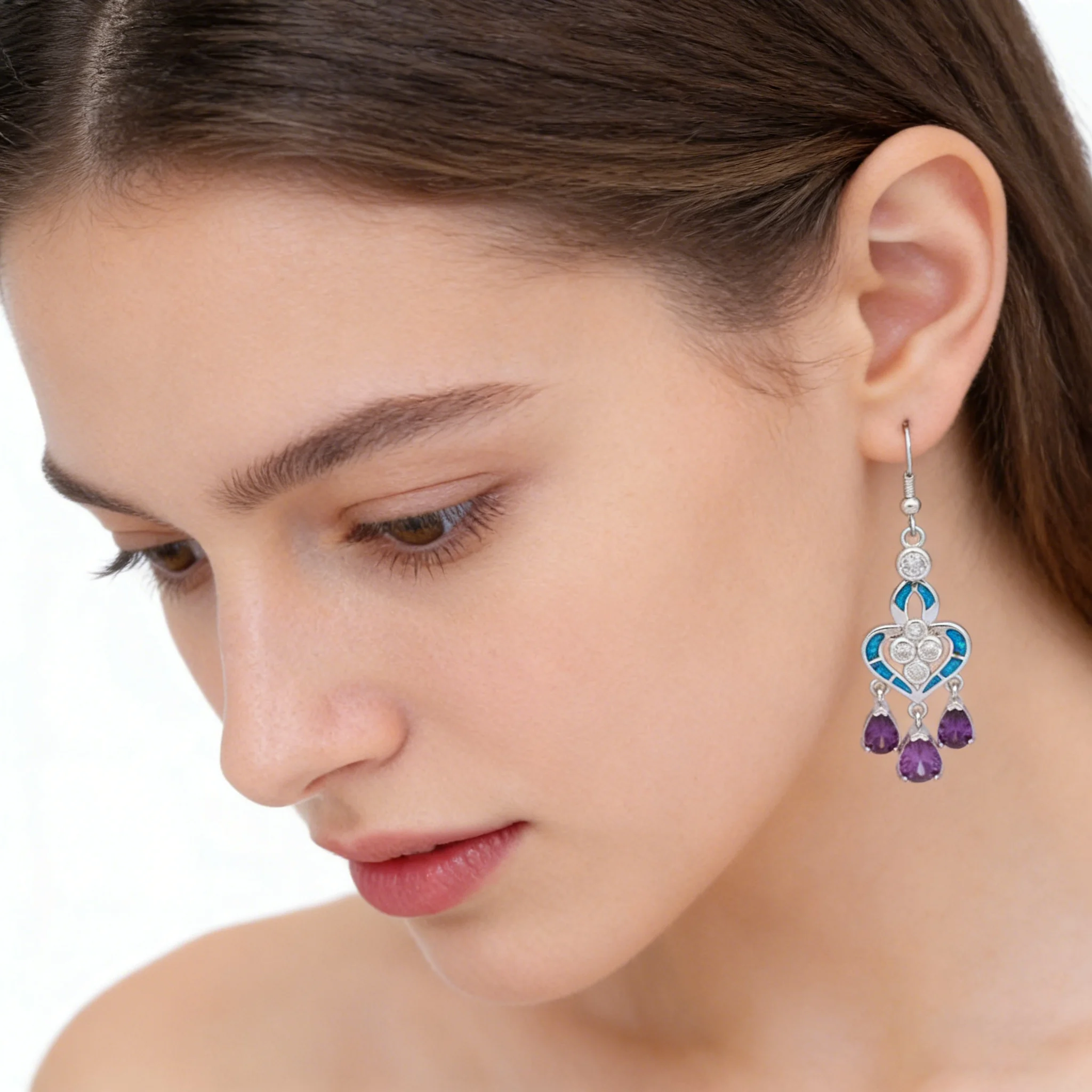 Heart Shape Earrings with Blue Opal and Lavender Drop Gems,Boho Chic Dangle Earrings for Women,Hypoallergenic Statement Jewelry view 5