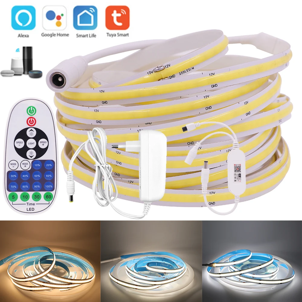 Tira de luces LED COB de 12V con fuente de alimentación, cinta de luz lineal inteligente Tuya atenuador Wifi, de alta densidad, 320/384/528LED,