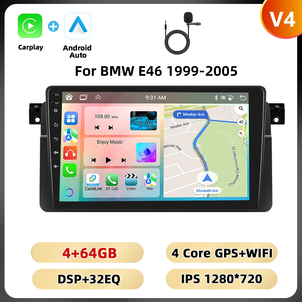 Podofo Carplay Android Auto Radio Voor Bmw E46 1999-2005 Multimedia Speler 8 128G 4G Wifi Ai Voice Spiegel Link Rds Autoradio