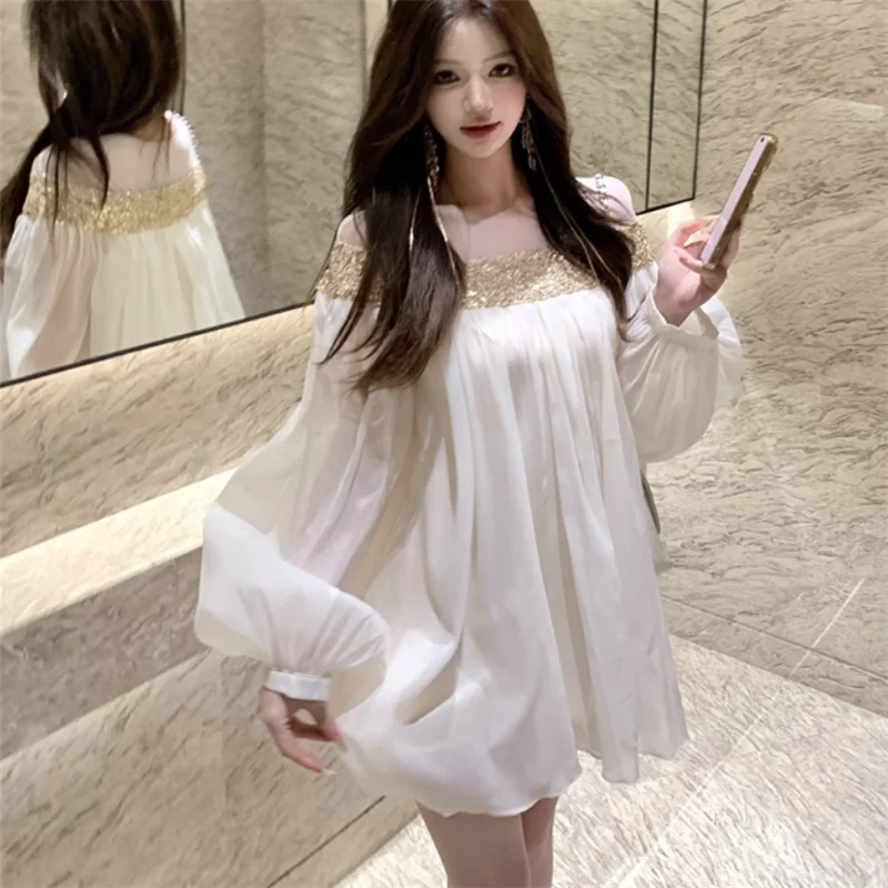 Sheer Mesh Pailletten Patchwork Beige Chiffon Super Mini Kleid Frühling Sommer Frauen Lange Laterne Hülse Kurze Lose Party Kleid