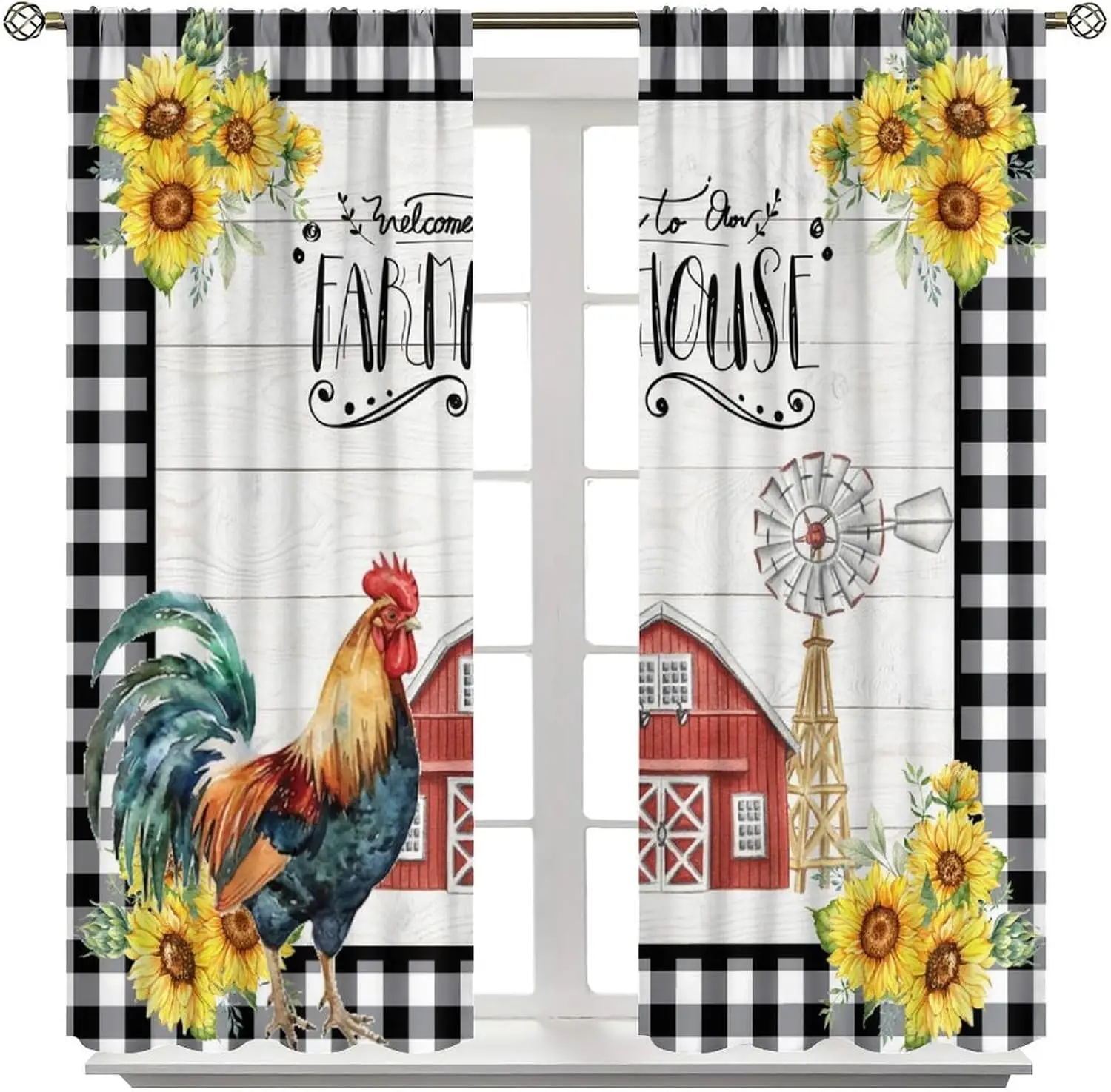Vintage Farmhouse Rooster Floral Blackout Rod Pocket Curtain Barn Windmill Gingham Chic Decor Dreamy Homestay Bedroom Rest Bay
