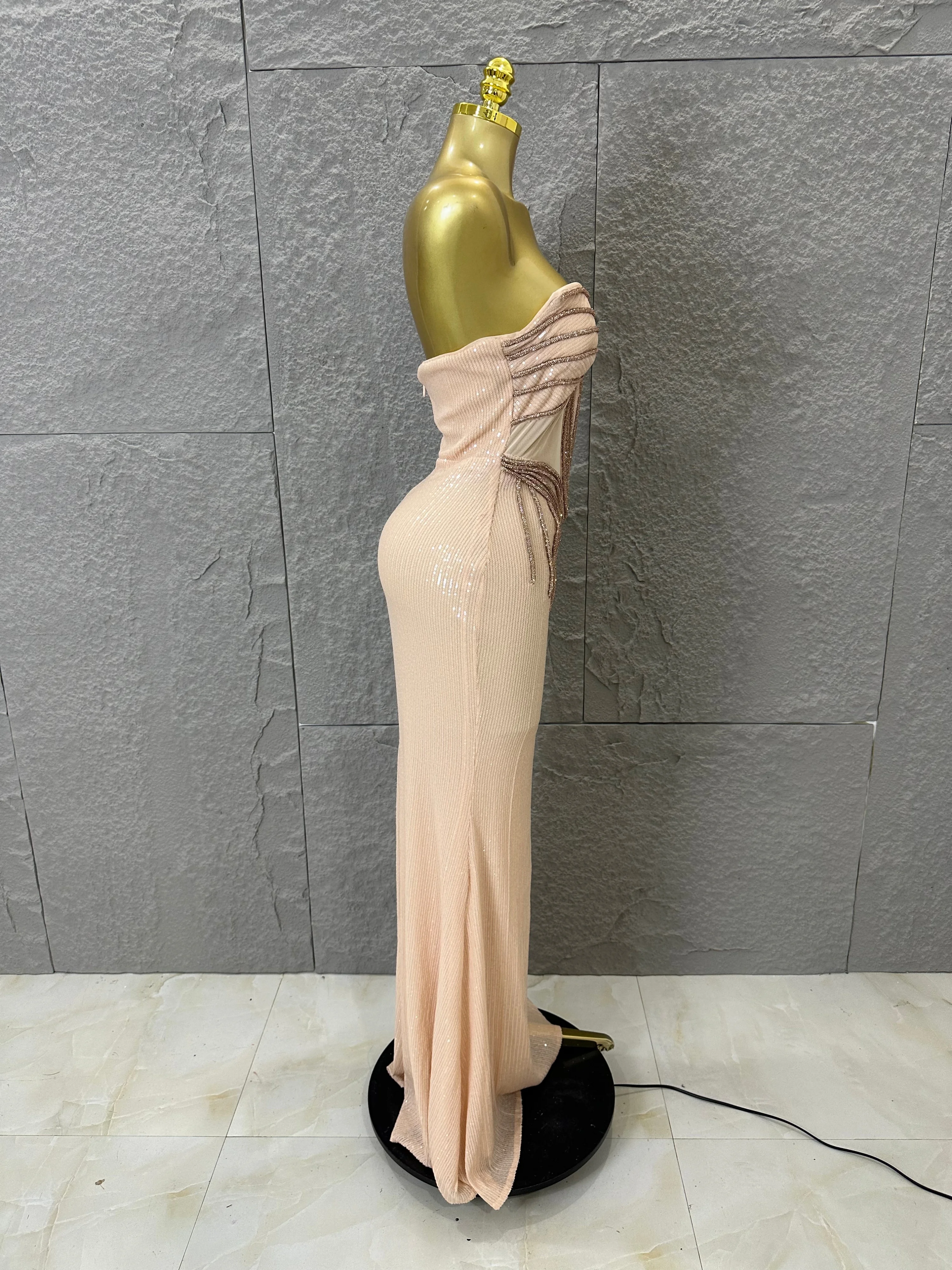 

Opulent Strapless Pearl Beaded Mermaid Maxi Dress Women Sexy Sequin Embellished Bodycon Gown Wedding Guest Evening Party Gown