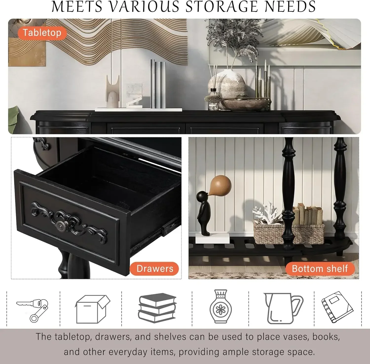 [¡Mejor vendedor, ¡Compre ahora! ]Mesa consola de entrada de 4 cajones con estante de láminas abierto, patas de sofá de vestíbulo de pasillo de entrada, 52" de ancho