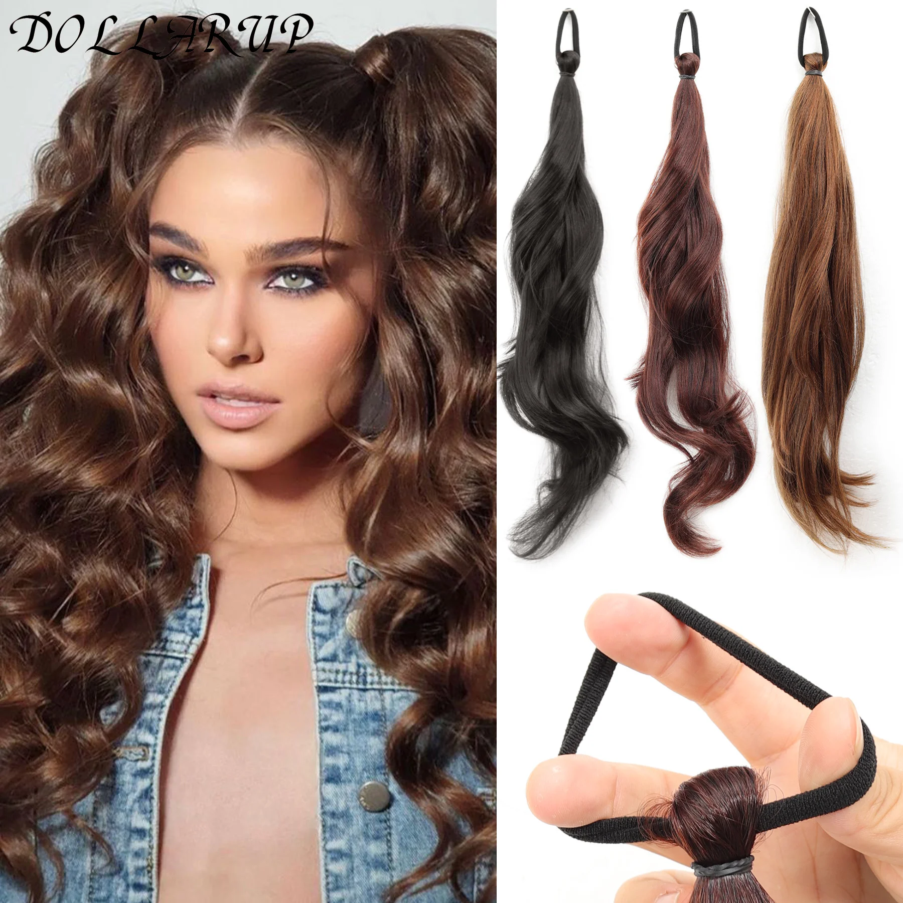 

DOLLARUP Synthetic Elastic Rubber Band Ponytail Sweet Girl Black Long Curly Ponytail Hair Extension Heat-resistant Hairpiece Wig