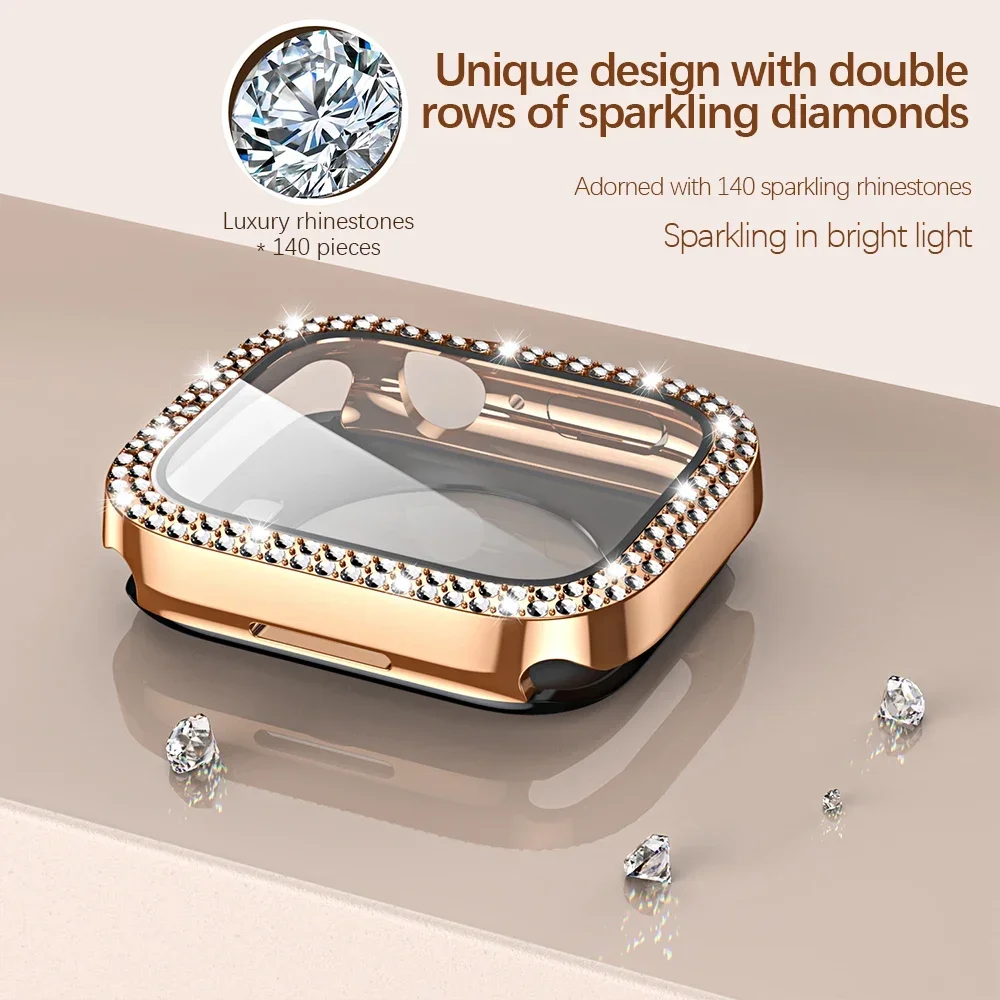 Bling Glass+Cover For Apple Watch Case 49mm 45mm 44mm 41mm 40mm Diamond Bumper+Screen Protector Iwatch Series Ultra 9 8 7 6 5 SE