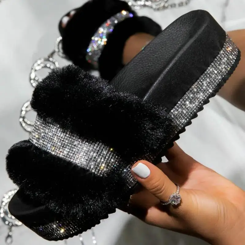 Luxury Designer Women Fur Rhinestone Slippers Platform Wedges Heel Solid Fluffy Furry Slides Outside Sexy Shoes Ladies