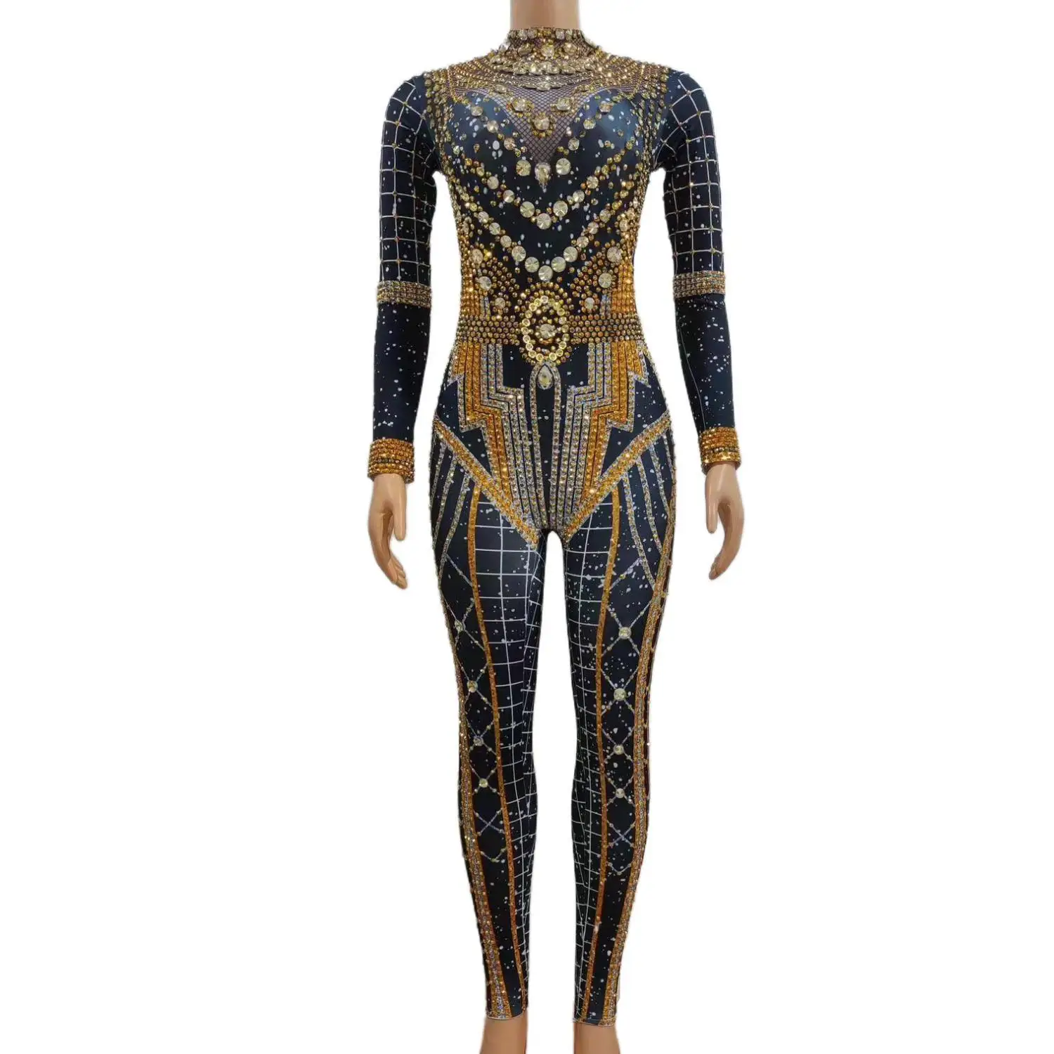 

Nvwangchangku Luxury Black Gold Rhinestone Bodysuit Long Sleeve High Neck Jumpsuit for Women Festival Rave Stage Wear
