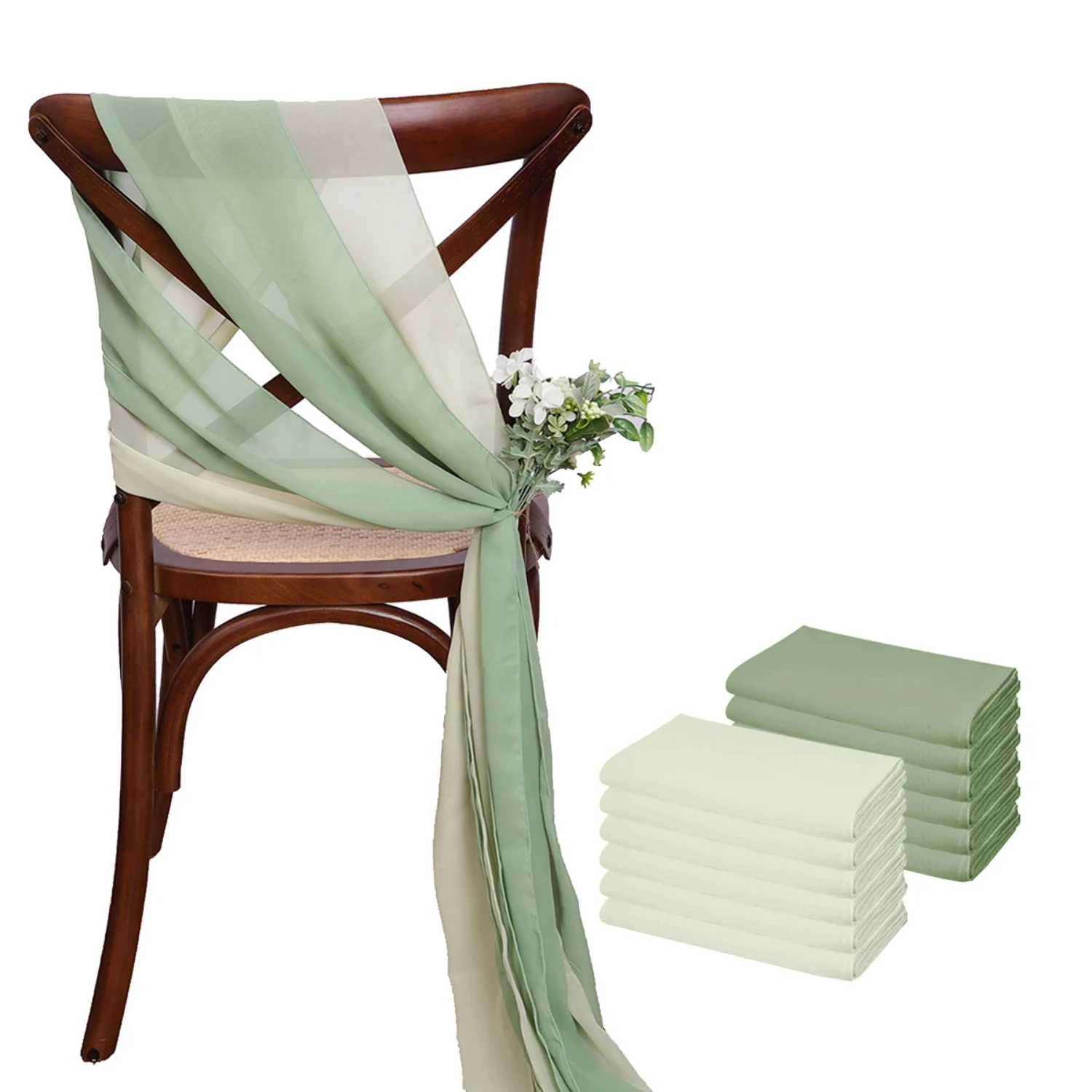 Elegant Green Chiffon Chair Sashes - 12 Pcs - 17x275cm - Wedding Chair Covers Ribbon - Beautiful Wedding Party Aisle Chair Decor