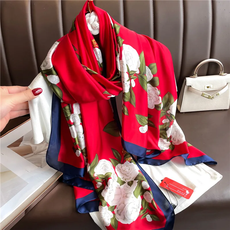 180*90cm Luxury Silk Scarf Women Printing Long Sun Protection Shawl Large Size Bandanna Foulard Muffler Hijab Scarves Soft Wraps