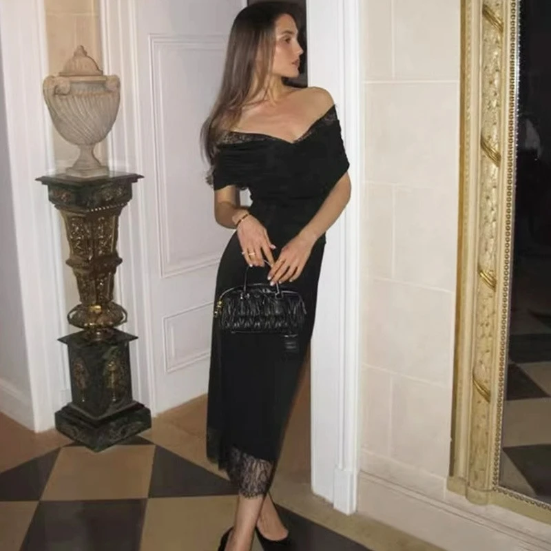 

Ticketsx Sexy Lace Patchwork Dress Women's Off Shoulder Ruched Split Backless Dresses Fashion Summer Luxury Party Evening Dress