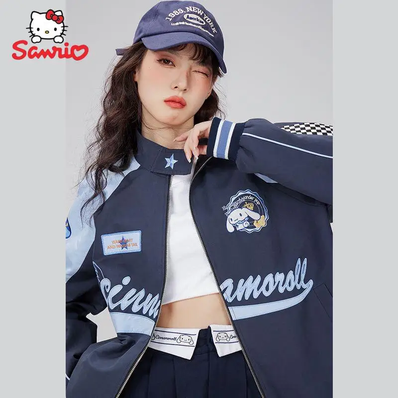 Jaqueta e calça soltas à prova de vento feminino, motociclista Sanrio Kawaii Cinnamoroll, desenhos animados, roupas quentes, presente casal, inverno