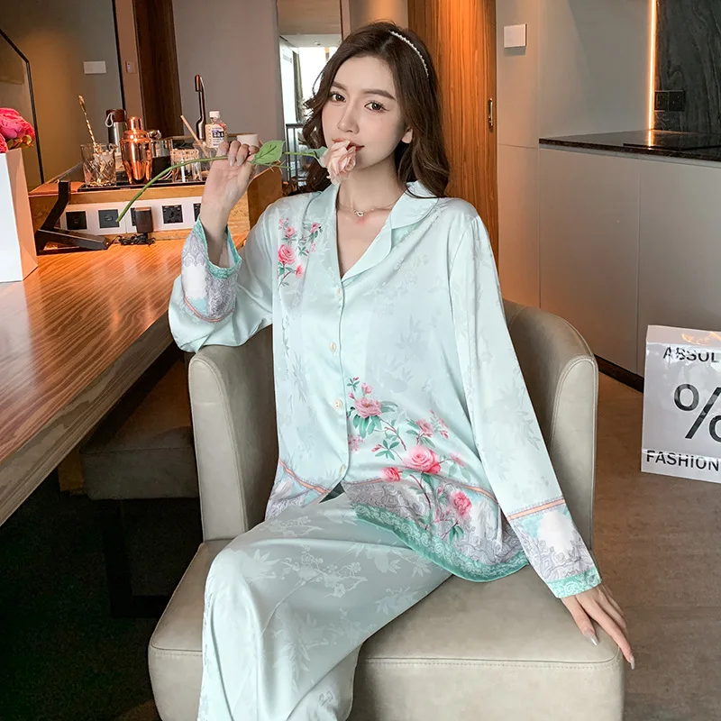 Sweet Jacquard Flower Nightwear Women Pajamas Set 2Pcs Pjs Beige Long Sleeve Sleep Suit Satin Silk Home Clothes Loungewear