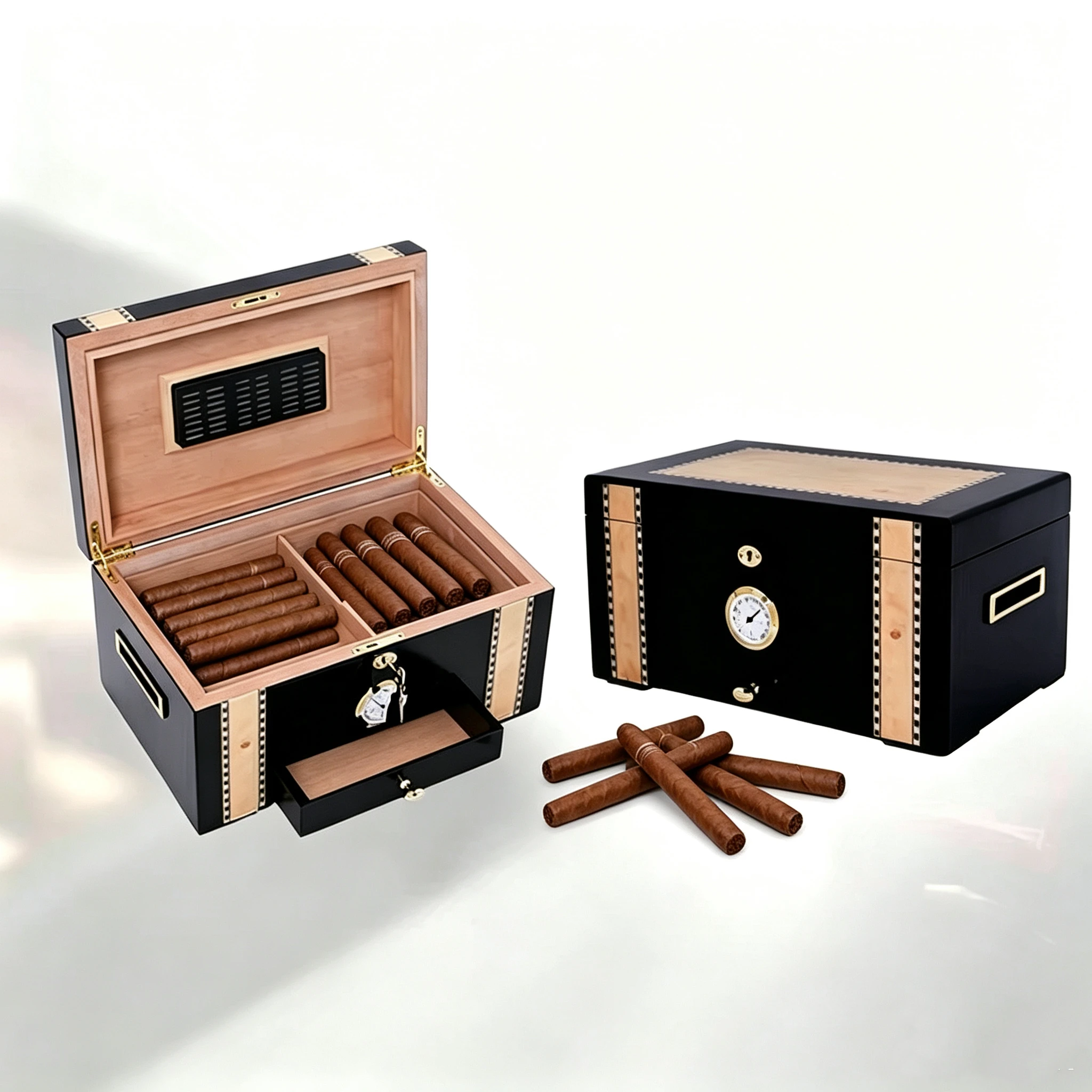 

A Large Capacity Piano Lacquered Cigar Box With Independent Small Drawers And Cedar Wood Tray.