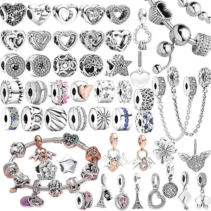 

New Hot Sale Sparking Heart Clip Star Charm Beads Dangle Original Snake Fit Bracelet Necklace Beads For Diy Jewelry Women Gift