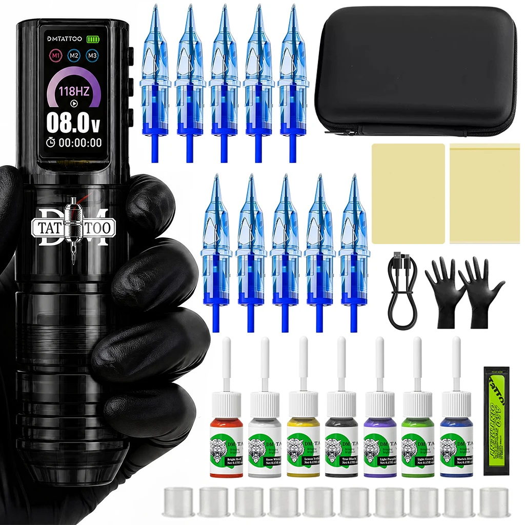 DM Wireless Tattoo Machine Kit With 1600mAh Battery Three Working Modes Plastic Tattoo Pen Kit With Tattoo Ink Cup Tattoo Needle