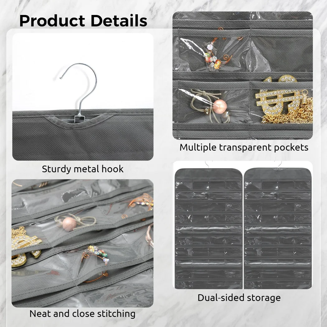 Hanging Jewelry Organizer Double Sided Accessory Storage Holder With 80 Pockets Hanging Storage Bag With Hook Display Storage