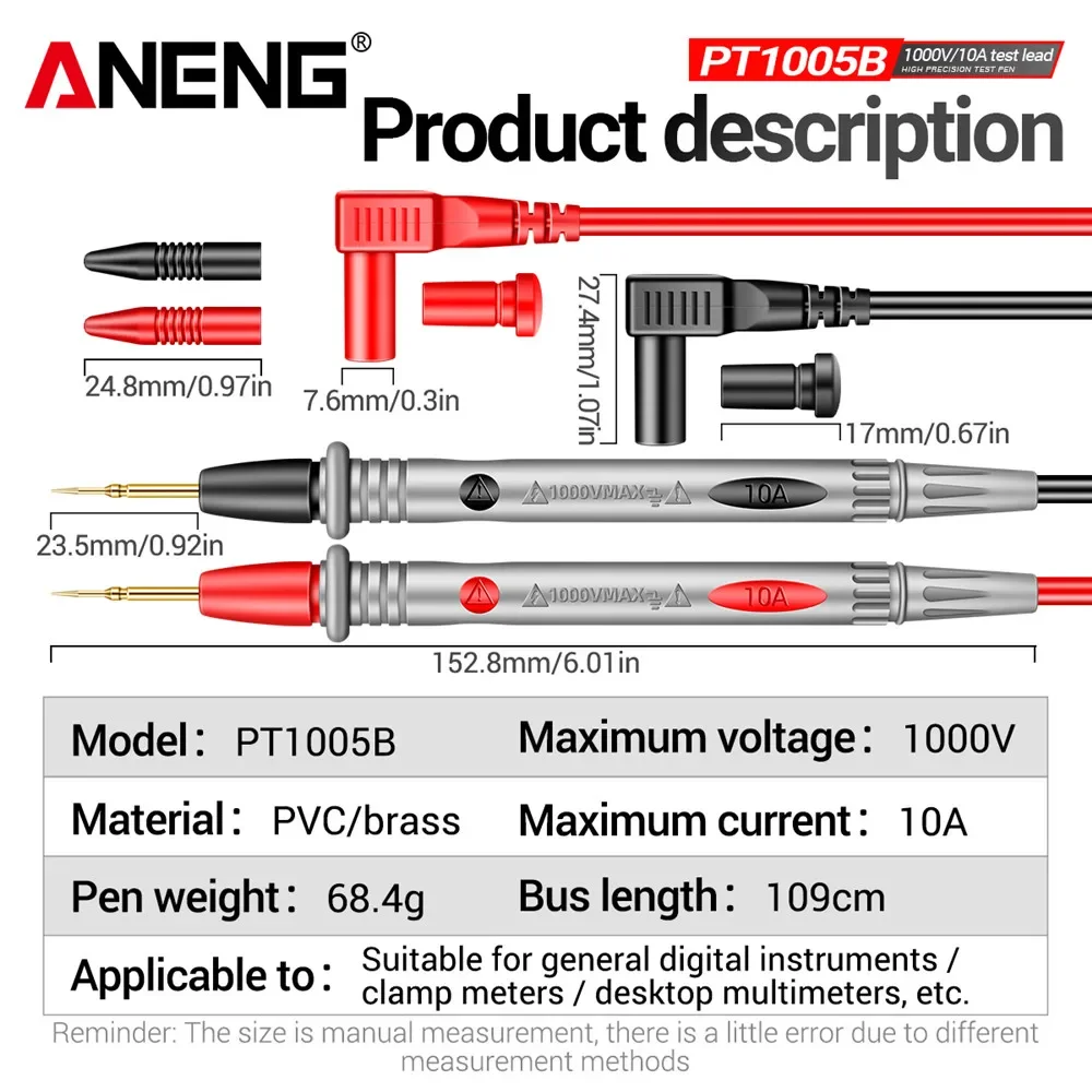 ANENG PT1005B Digital-Multimeter-Sonde, Messleitungen, 1000 V, 10 A, Universal-Nadelspitze, Multimeter-Tester, Blei-Sonde, Draht, Stift, Kabel
