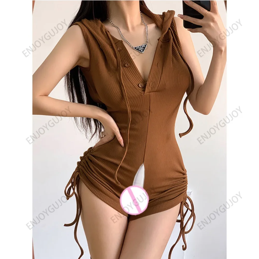 Women's Invisible Open Crotch Jumpsuits, Hot Girl Hooded Shorts, High Waist, Fitness Yoga Bodysuit, Women's Clothing, Outdoor