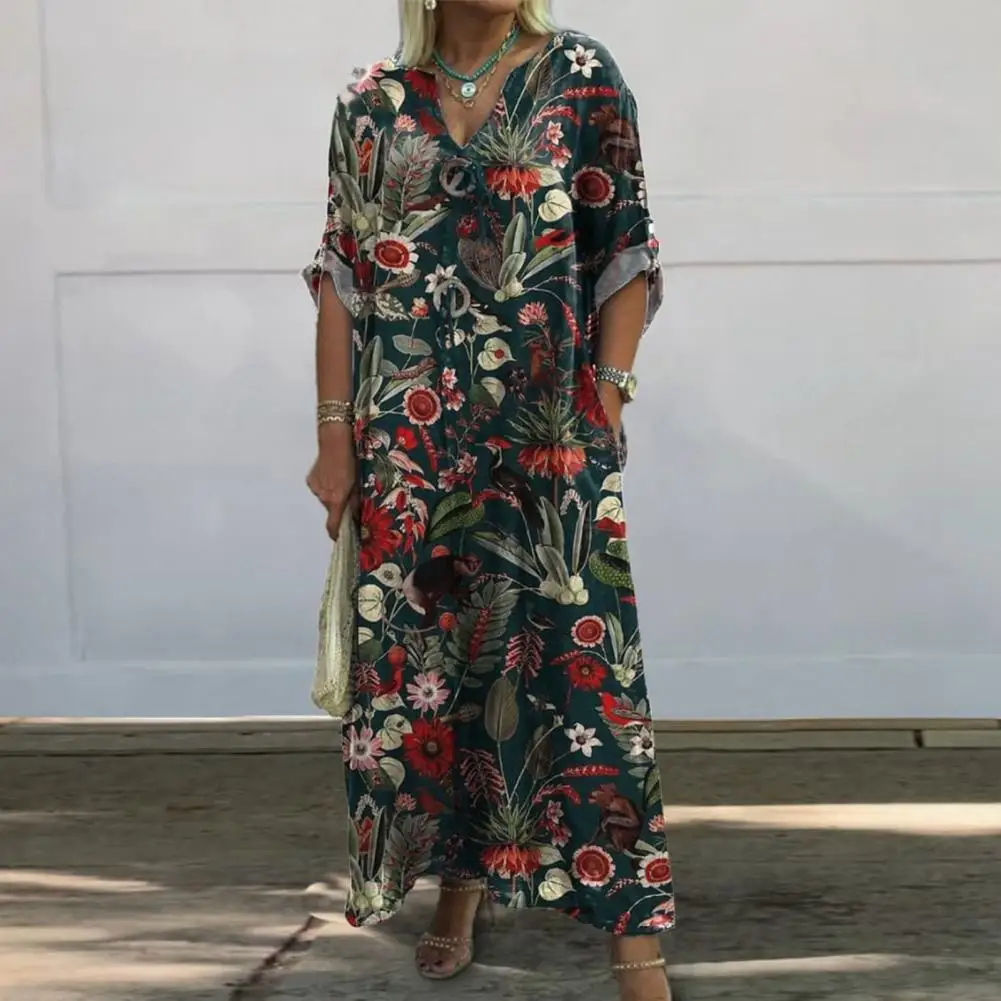 

Loose Fit Dress Floral Print Maxi Dress with V Neck Side Pockets Women's Loose Long Sleeve Casual Dress for Fall Summer Printed