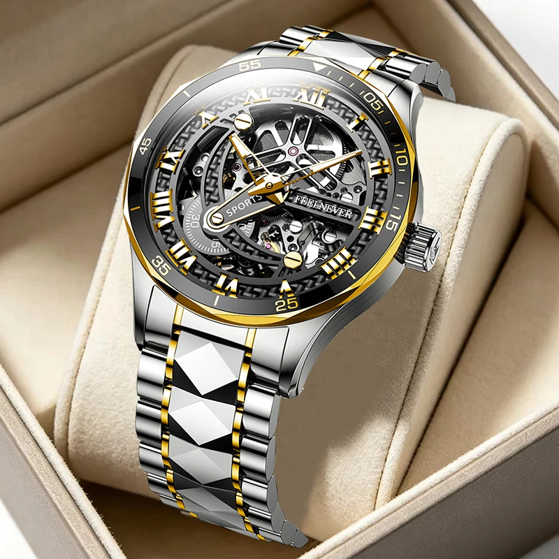 FeelNever Original Design Luxury Automatic Man Watch Hollow Out Business Stainless Steel Band Waterproof Mechanical Watches Male